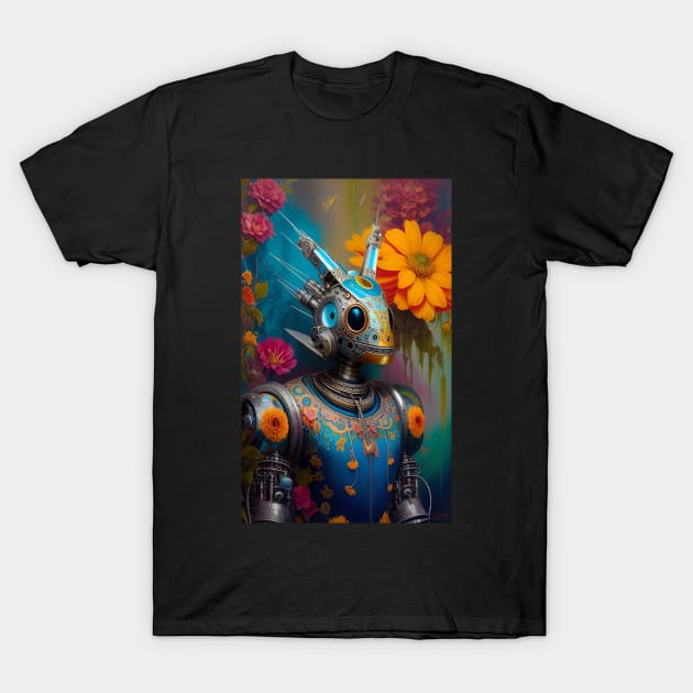 Tech and Nature Art - Stunning surreal beautiful robot and flowers T-Shirt by ZiolaRosa